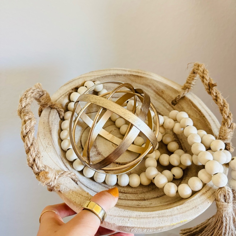 NEW POTTERY BARN White Cream Tan Wood Decor Low Bowl Knot Beads Chain Sphere - Picture 6 of 16